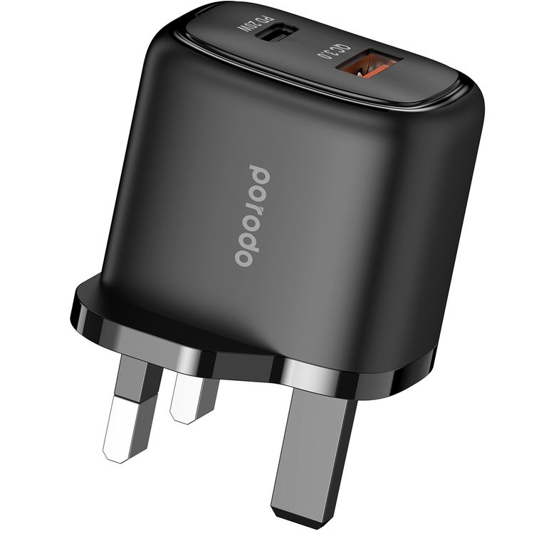 Porodo Dual Output Quick Charger with 20W Power Delivery, QC 18W, UK 3-Pin Plug, Simultaneous Charging, Universal Compatibility - Black