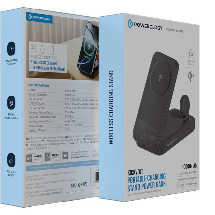 Powerology Kickvolt Portable Charging Stand 10000mAh Power Bank with 20W Max USB-C Output, 22.5W Max USB-A Output, 15W Max Wireless Phone Output, 5W Max Wireless Earbuds Output, 2.5W Max Wireless Watch Output, Simultaneous Charging, Strong Magnetic Hold, Portable Design - Black
