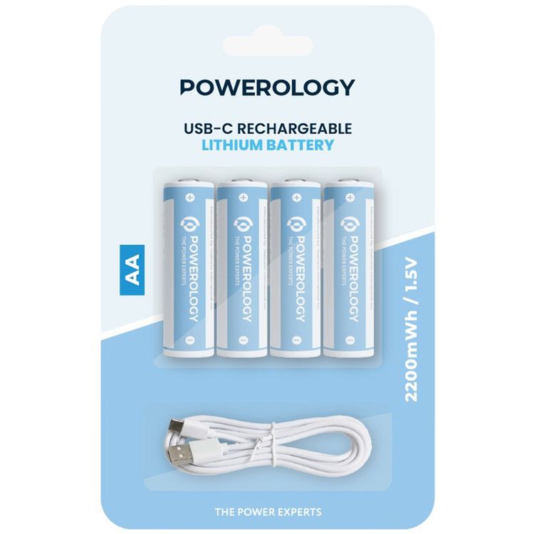 Powerology Rechargeable Lithium-ion AA Battery with 1460mAh Battery Capacity, 1.5V Operating Voltage, Type-C Port, Over 1000 Life Cycles, 2200mWh Battery Power - White
