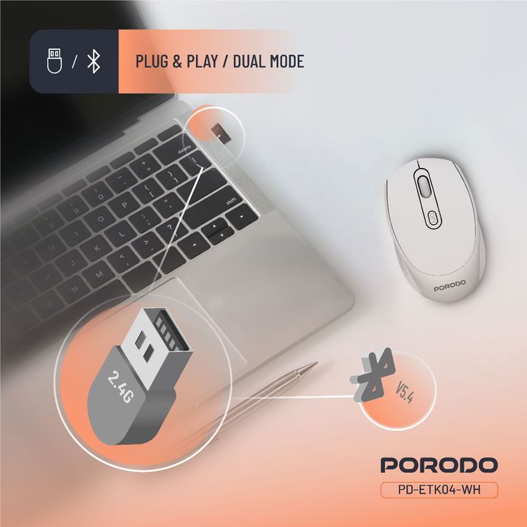 Porodo Dual Mode Wireless Mouse with Adjustable DPI Up to 1600, 7m to 10m Effective Range, 300mAh Battery Capacity, Bluetooth V5.4, Ergonomic Design, Plug & Play - White