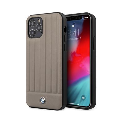 CG Mobile BMW PC/TPU Shiny Hard Case Genuine Leather with Vertical Hot Stamped Lines Compatible for iPhone 12 / 12 Pro (6.1") Shock & Scratch Resistant, Easy Access