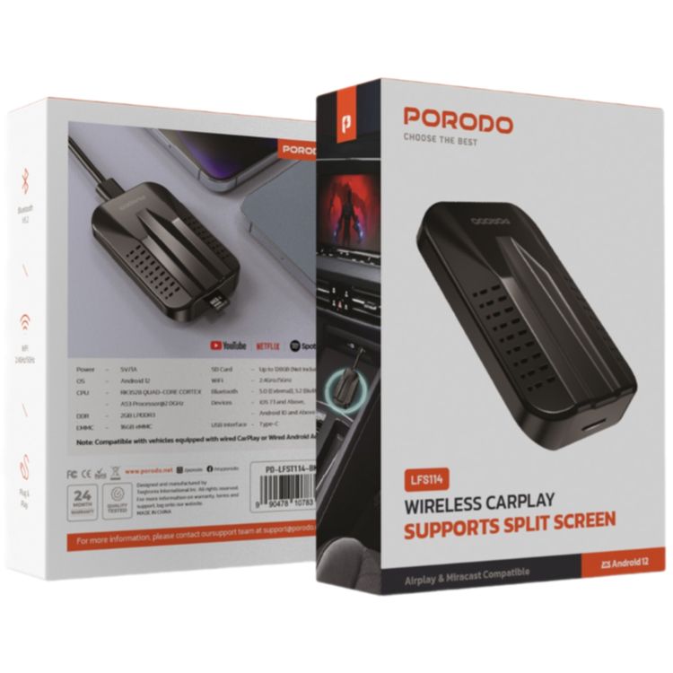 Porodo Wireless Carplay with Supports Split Screen, Bluetooth Version 5.2, Up to 128GB SD Card, Type-C USB Interface - Black