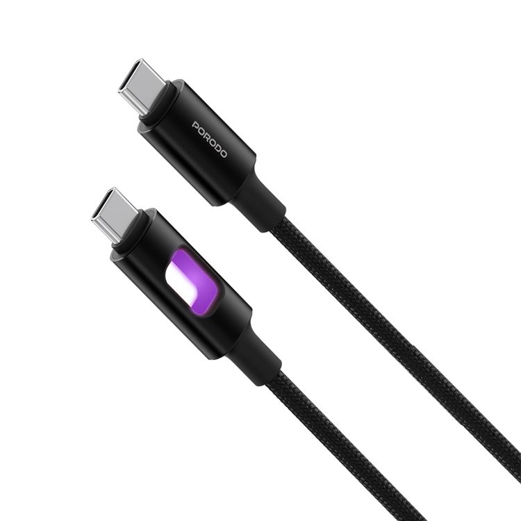Porodo LED Braided USB-C to USB-C Cable with 60W Power Delivery, 1.2m Cable Length, Tangle-Free Design, High-Speed Data Transfer, Fast Charging Speed, Superior Durability - Black