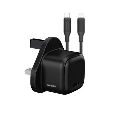Green Lion NEXIO Single Port Wall Charger with UK Plug, 20W Power Delivery, Charging Protection, Flame Retardant PC Material, USB-C to Lightning Cable - Black