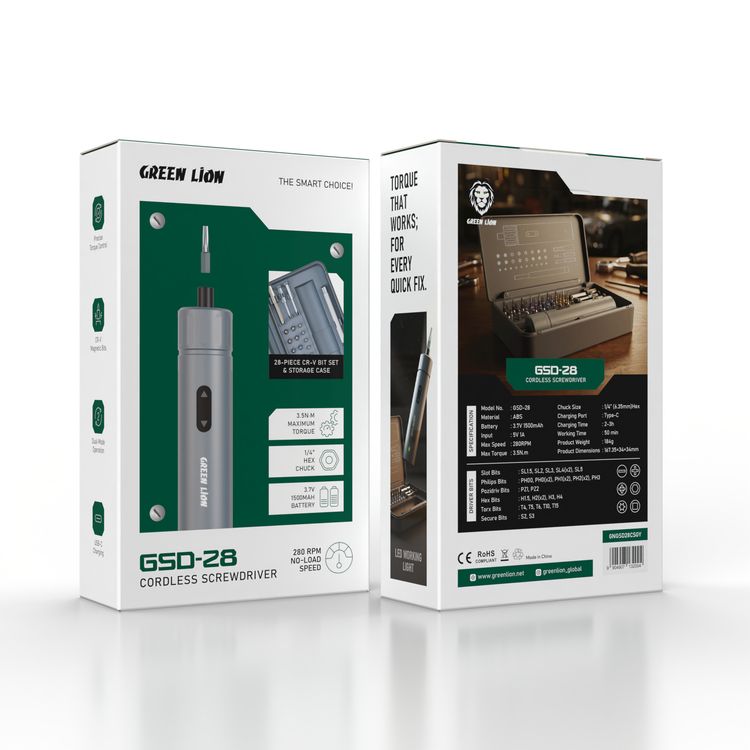 Green Lion GSD-28 Cordless Screwdriver with 280RPM No-Load Speed, Precise Torque Control, CR-V Magnetic Bits, Dual-Mode Operation, USB-C Charging Port, LED Working Light, 28-Piece CR-V Bit Set & Storage Case, 3.5N.m Maximum Torque - Gray