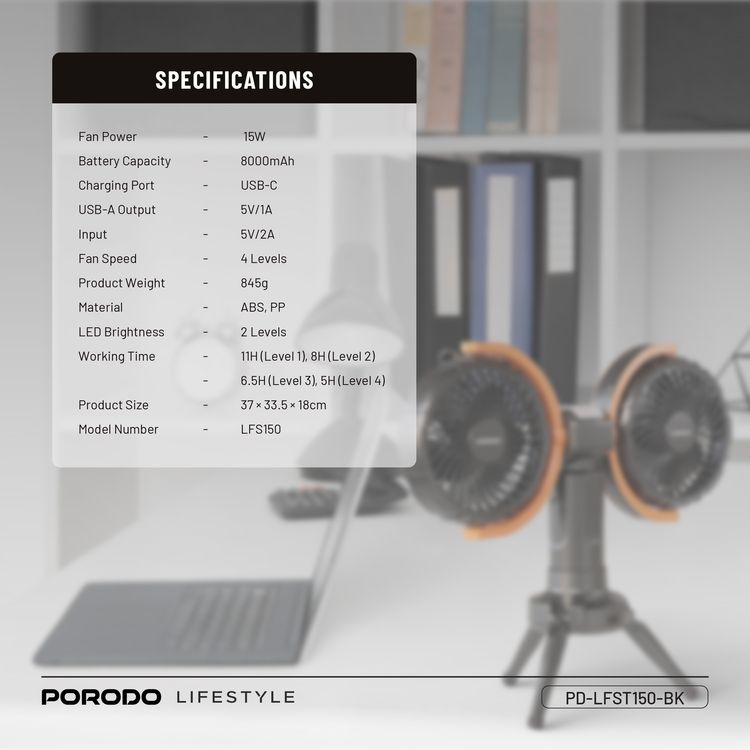Porodo Lifestyle Dual-Head Oscillating Fan with LED Light, Power Bank, ABS & PP Material, 8000mAh Battery Capacity, Stable Tripod Base, Type-C Charging Port, 4 Levels Fan Speed, Hidden Hook - Black