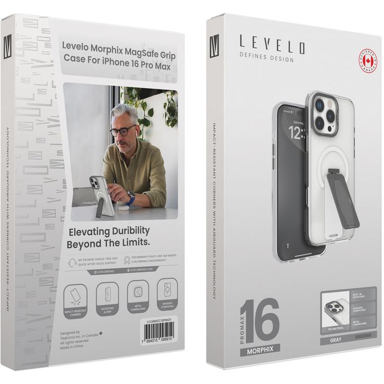 Levelo Morphix MagSafe Grip Case for iPhone 16 Pro Max, Impact Resistant Corners, Metal Camera Ring, Multi Functional Kickstand Premium Bayer TPU, Silicone Grip - Gray