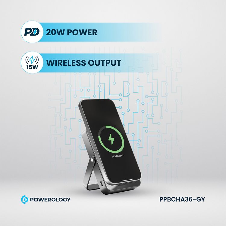 Powerology 10000mAh Magsafe Glass Surface Power Bank, Compact Design, Type-C & Wireless output, Integrated Stand, Aluminum Material, 20W Power Delivery, Cable-Free - Gray 