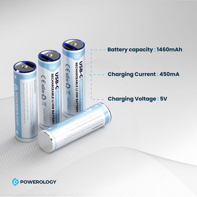 Powerology Rechargeable Lithium-ion AA Battery with 1460mAh Battery Capacity, 1.5V Operating Voltage, Type-C Port, Over 1000 Life Cycles, 2200mWh Battery Power - White