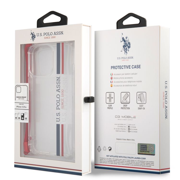 CG MOBILE U.S. Polo Assn. PC/TPU USPA Stripes Logo Shiny Case with Anti-Lost Red Nylon Cord Compatible for iPhone 13 Pro (6.1") Anti-Scratch, Easy Access to All Ports