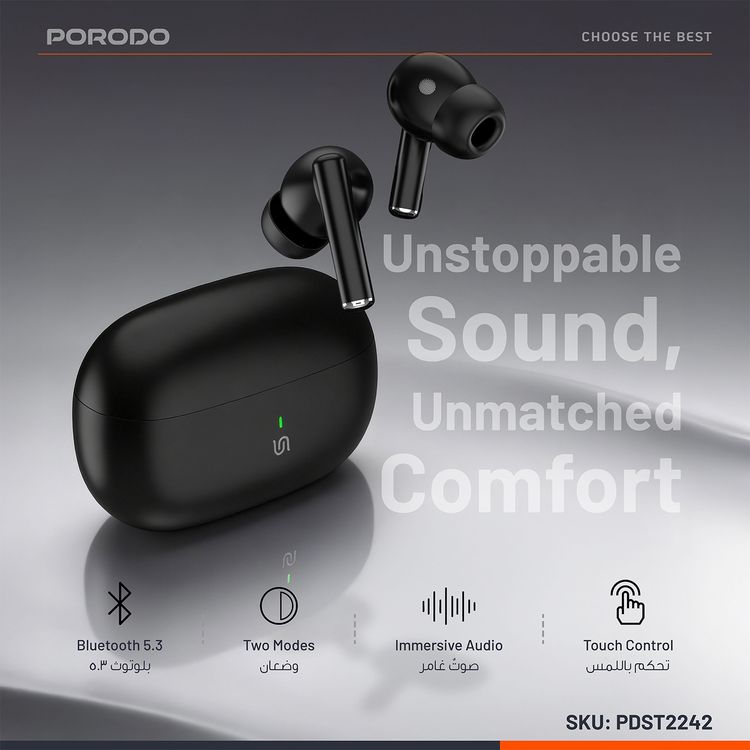Porodo True Flex Earbuds Pro with Music & Gaming Mode, 5 Hours Play Time, 230mAh Case & 25mAh Earbuds Battery, Ultra Low Latency, USB-C Charging Port, Voice Assistant - Black