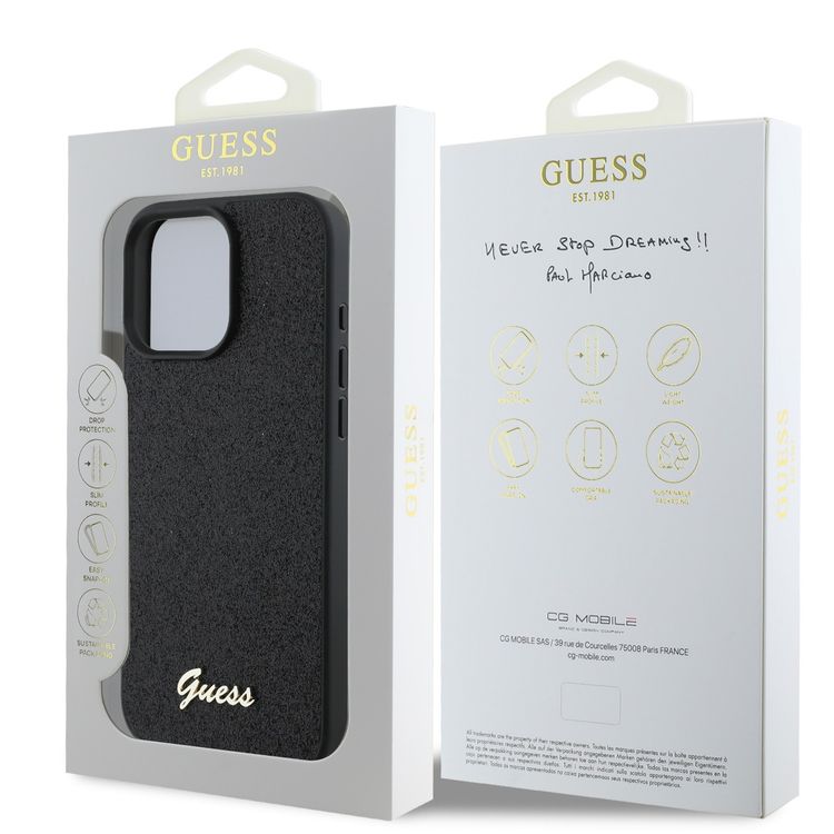 Guess Fixed Glitter Hard Case with Script Metal Logo for iPhone 16 Pro Max, Slim Profile, Drop Protection, Easy Snap-On, High-Quality Material, Extra Shield Protection - Black