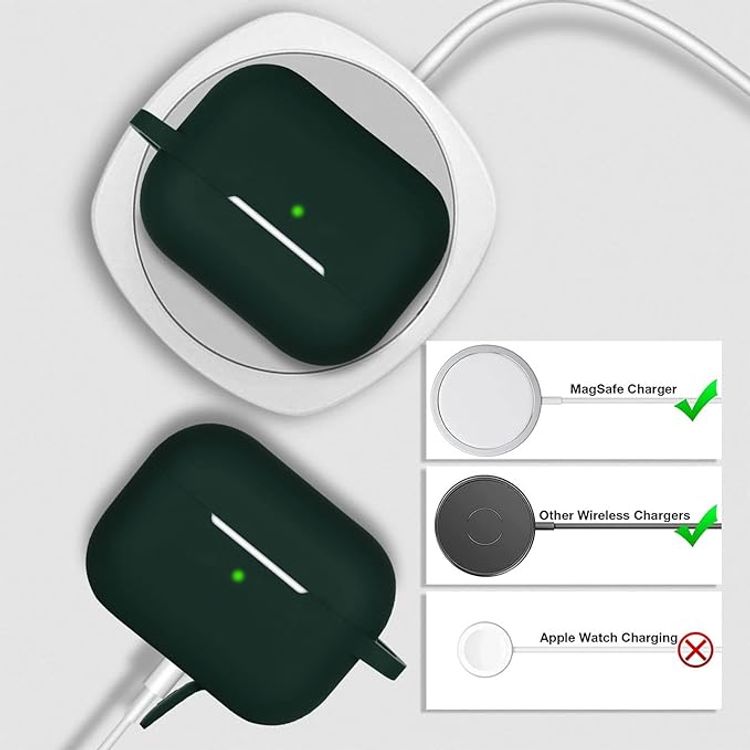Ahastyle Premium Silicone Skin Case Compatible for AirPods Pro - Front LED Visible Wireless Charging - Dustproof - Shock Absorption - Impact Drop Protection Cover - Midnight Green