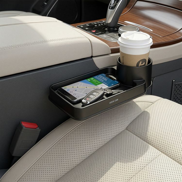 Green Lion Carvox Cup & Storage Organizer with 3-Level Adjustable Insert, Seat-Gap Custom Fit, Cup Holder, Extra Space, Storage Tray, Compatible with Most Car Models, Slide-in Installation - Black