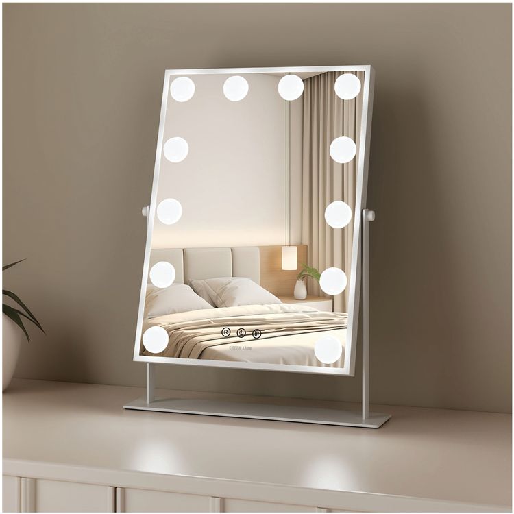 Green Lion Glam Shine Makeup Mirror with 12 LED Lights, 3 Color Modes, 6W Output Power, USB-A to Type-C Cable Connector, 360° Rotation, Touch Control - White 