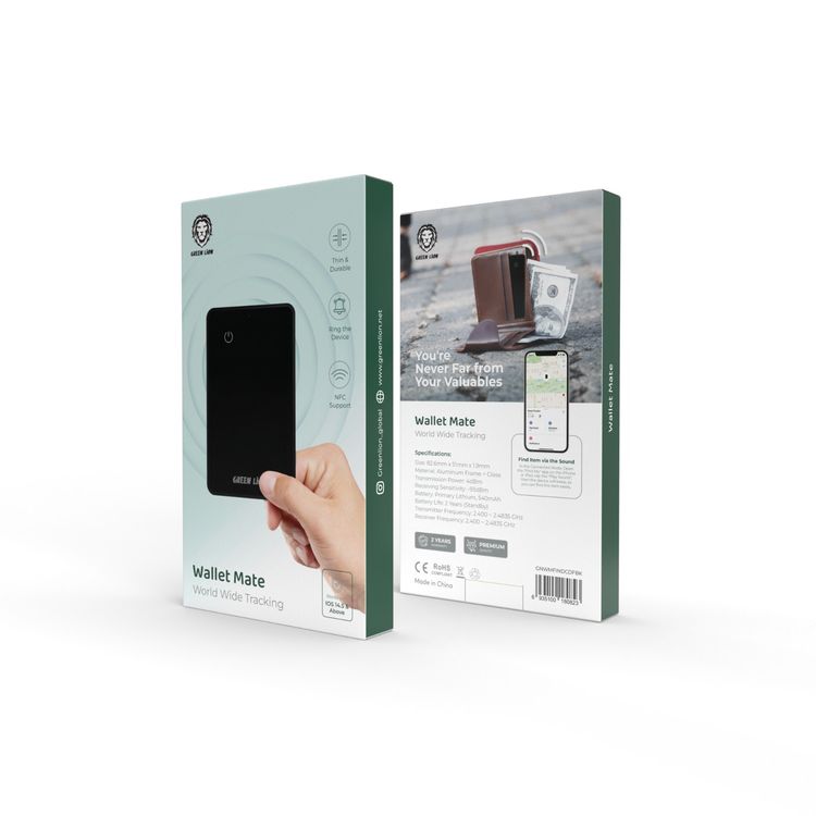 Green Lion Wallet Mate Card Finder with Aluminum Frame & Glass Material, 540mAh Battery Capacity, Primary Lithium Battery Type, Water Resistant, Thin & Durable, 2 Years Battery Life - Black