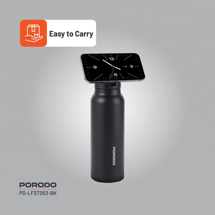 Porodo Magnetic Mount Water Bottle with Strong Magnetic Hold, Stainless Steel Material, Double-Wall Insulation, Versatile and Portable, Strong Magnetic Hold, Works with MagSafe, Wide Round Mouth - Black 