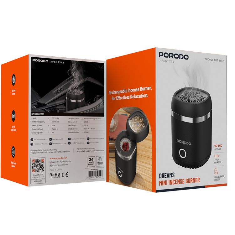 Porodo Dreams Mini Incense Burner with 18W Rated Power, 1800mAh Battery Capacity, Wide Area Coverage, Auto-Off Safety Feature, Whisper-Quiet Operation, 28dB Noise Level - Black