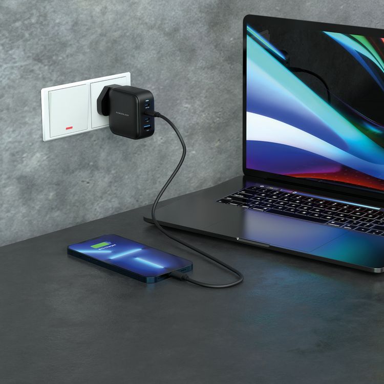 Powerology 100W Triple PD GaN Charger with EU & UK Plug, 3 USB-C Ports & USB-A Port, Built-in Safeguard, Multi Device Charging, Fast Charge, Laptop Charger - Black