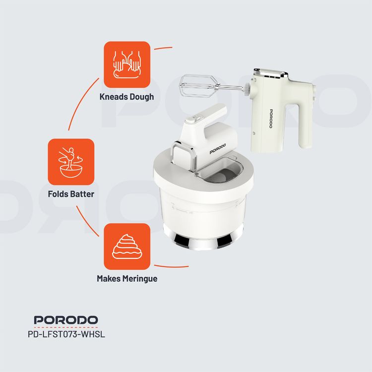 Porodo Lifestyle Spill-Proof Dual Mode Mixer, 6 Speed Settings, Easy Maintenance, Feeding Window Access, Folds Batter & Kneads Dough - White / Silver