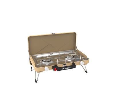 Porodo Dual-Burner Foldable Camping Stove with Instant Electronic Ignition, 2500W Thermal Load, Precision Flame Control, 4.5mm Stainless Steel Cooking Grid, Iron Body with Powder Coating Material - Khaki