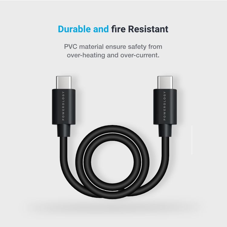 Powerology PVC Type-C to Type-C PD Cable 1.2M, Power Delivery, Fast charge Cable, Data Sync, Super Durable, USB-C to USB-C 2.0 Cable Compatible for MacBook Pro 13" 15", MacBook Air, iPad Pro 12.9", Samsung S10 S8, Huawei P20 - Black