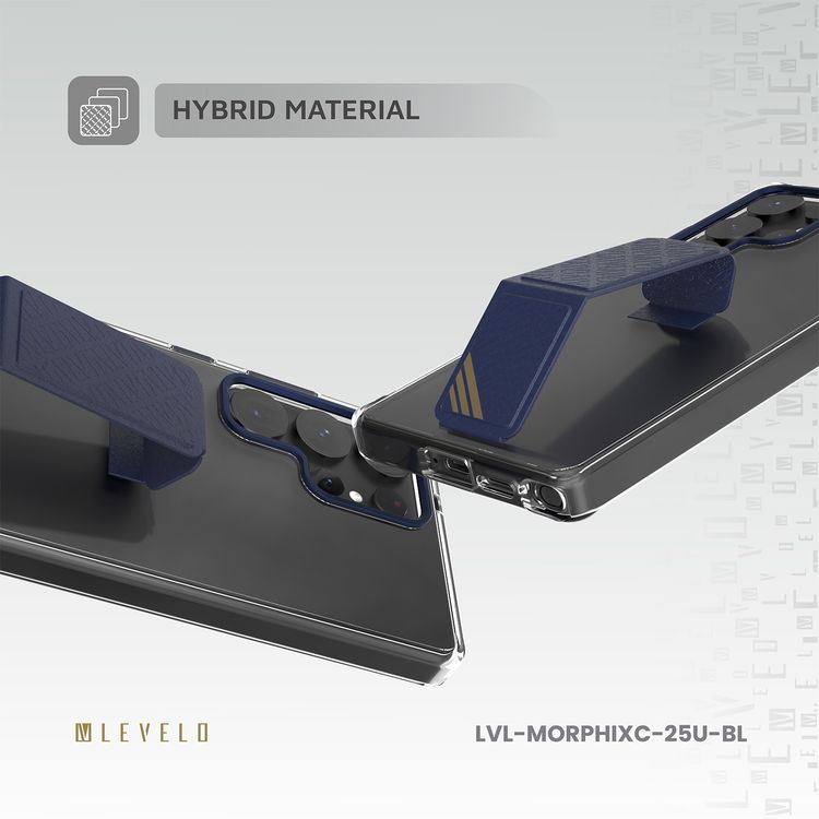 غلاف Levelo Morphix Clara بمقبض جلد مدمج لهاتف Samsung Galaxy S25 Ultra، مصنوع من مادة TPU، زوايا مقاومة للصدمات، حلقة كاميرا معدنية، مادة هجينة - أزرق