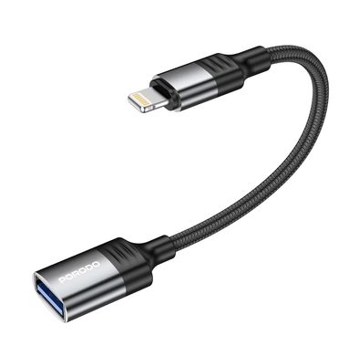 Porodo Lightning OTG Wire, 12cm Cable Length, Up to 480Mbps Data Transfer Speed, Braided Cable, Compatible with Lightning Devices, Plug and Play - Black