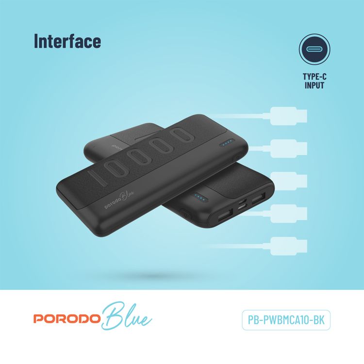 Porodo Blue 10000mAh Slim Power Bank with Dual USB-A Output, Lightweight & Compact Design, Type-C Input, LED Indicator - Black