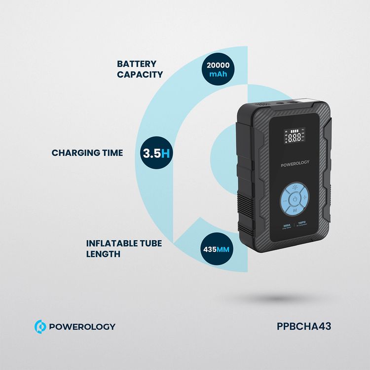 ضاغط هواء Powerology 20000mAh Power Bank Jump Start، أقصى وقت شحن 7.0±1.0 ساعة، PD 45 وات، ذروة التيار 3000 أمبير، محرك سعة 8 لتر - أسود 