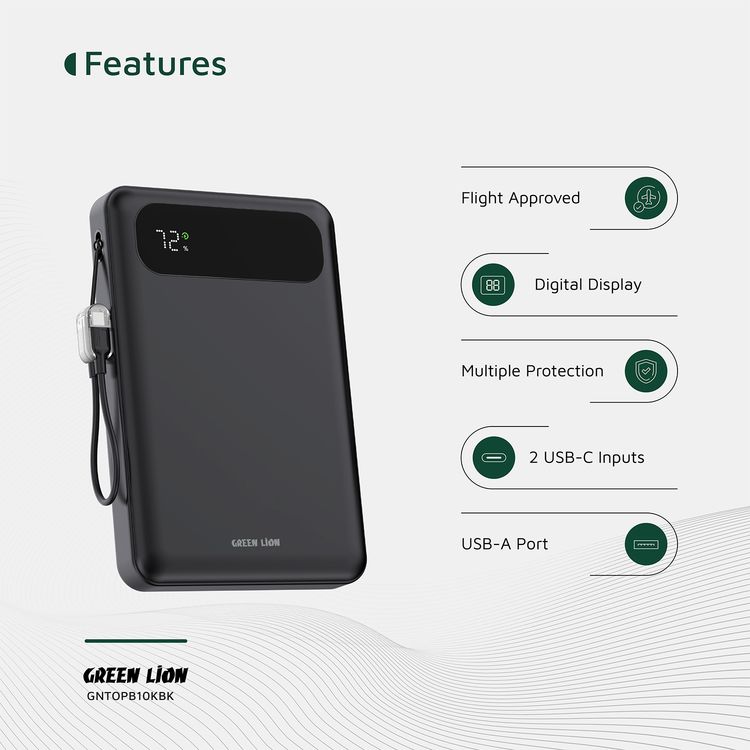 Green Lion Toledo 10000mAh Power Bank with 20W PD Fast Charging, USB-C to USB-C Cable Strap, USB-A & USB-C Outputs, Flight Approved, Digital Display, Fast Charging - Black