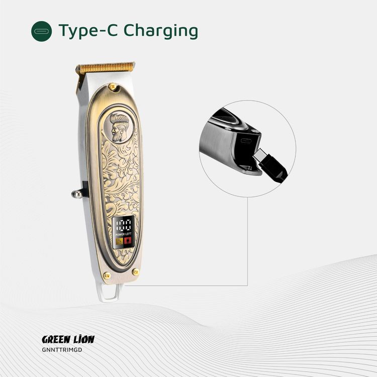 Green Lion Gentleman Hair Trimmer with 6500RPM Motor Speed, 1200mAh Battery Capacity, LED Display, 3 Hours Working Time, Blade Oil Reminder - Gold
