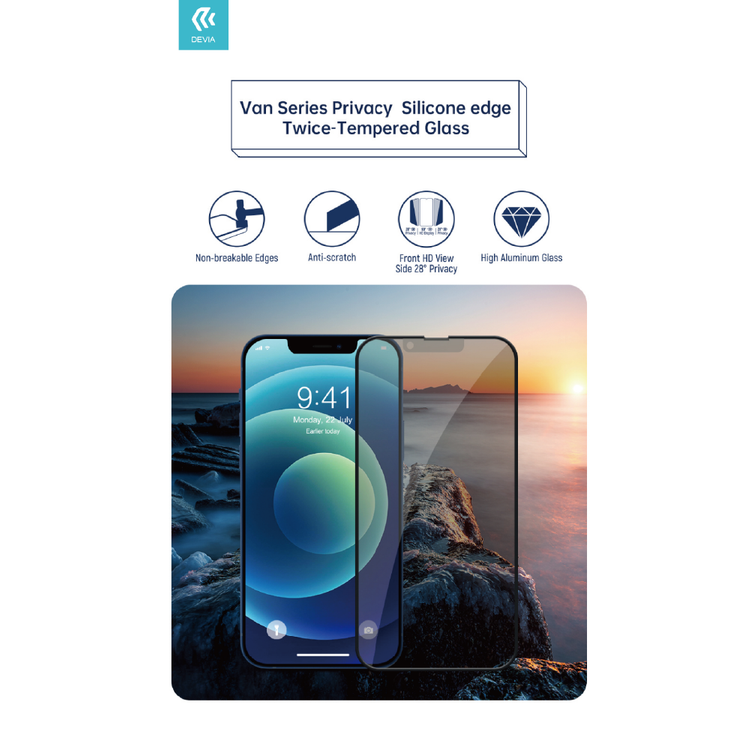 Devia Van Series Privacy Silicone Edge Twice-Tempered Glass Compatible for iPhone 13 Pro Max (6.7") Anti-Peeping Screen Guard, Easy Installation with Alignment Frame, Anti-Scratch