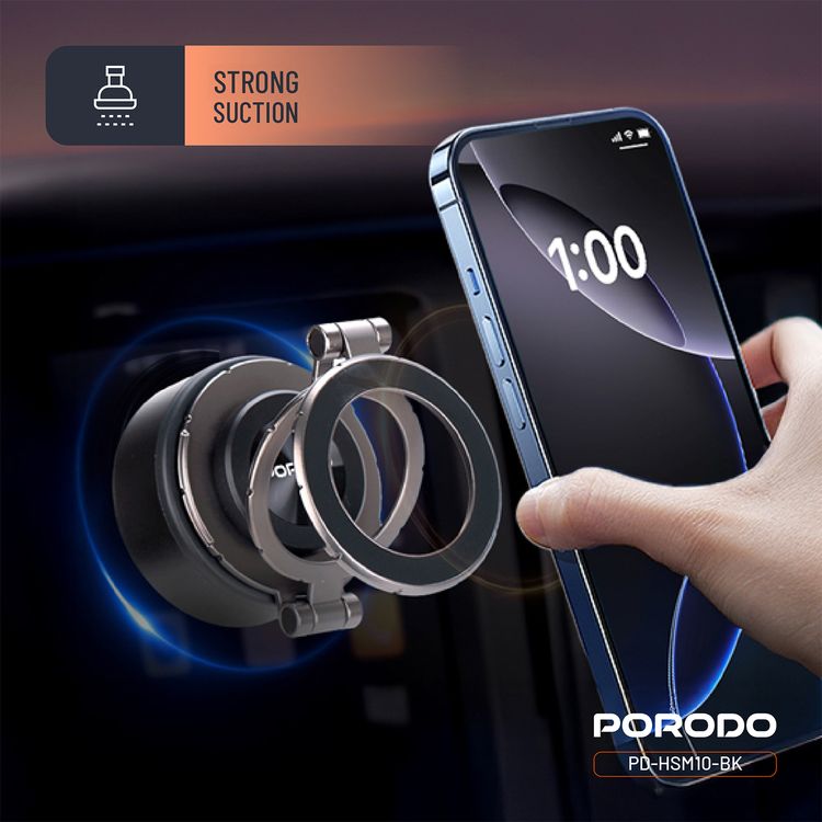 Porodo Vacuseal MagSafe Magnetic Mount with Adjustable Viewing Angle, Horizontal & Vertical Modes, One-Hand Operation, Up to 30 Days Working Time - Black