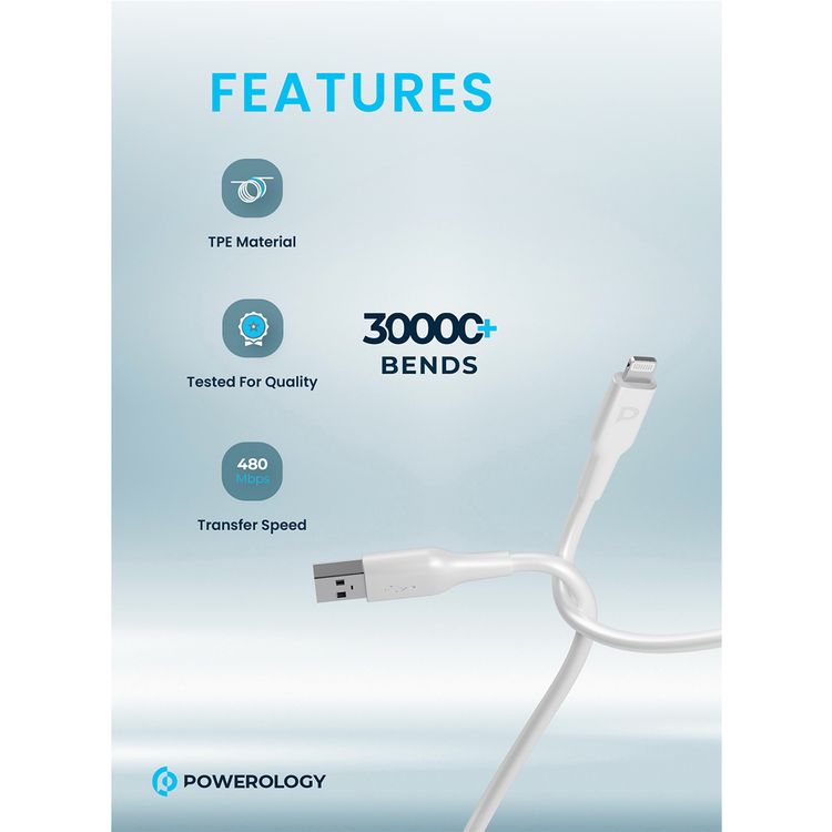 Powerology USB-A to Lightning Data Sync & Charge 1.2m - White