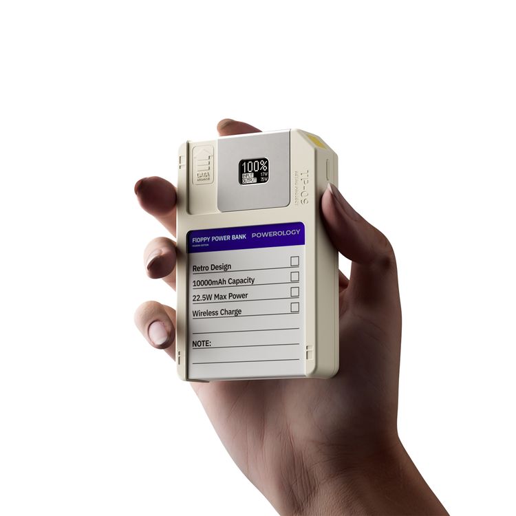 Powerology Floppydisk Retro 10000mAh MagSafe Powerbank with OLED Display Screen, Multi-Protocol Fast Charging, Universal Compatibility, 64GB Storage Capacity, High-Speed Data Storage, Fire-Resistant PC Material - White