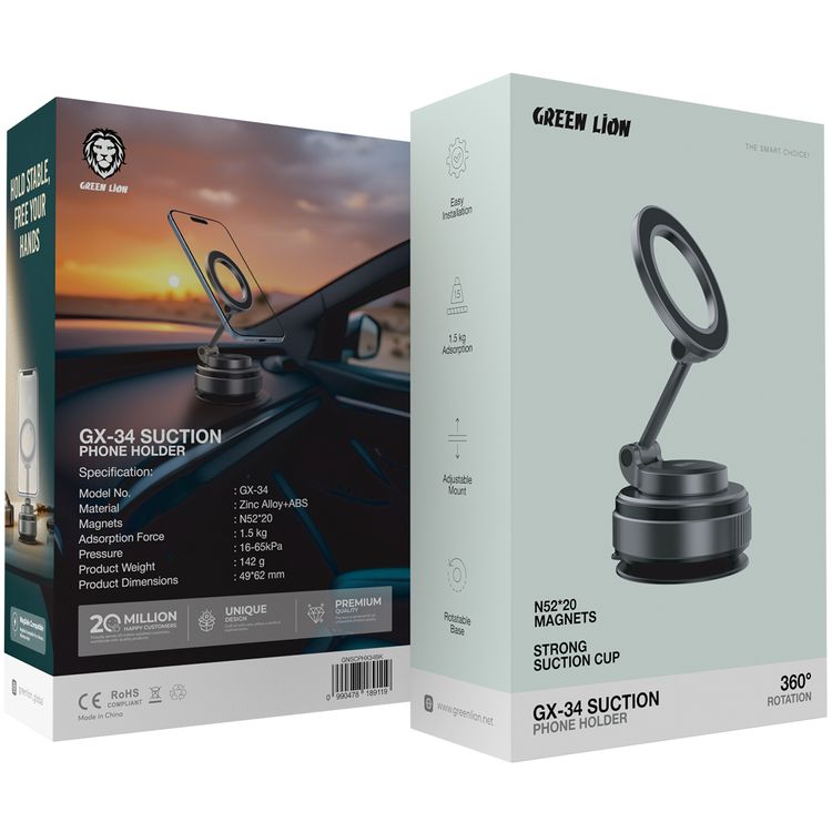 Green Lion GX-34 Suction Phone Holder with MagSafe Compatibility, 1.5kg Adsorption Force, N52 Magnets, 360° Rotation, Adjustable Mount, 16-65 kPa Pressure - Black