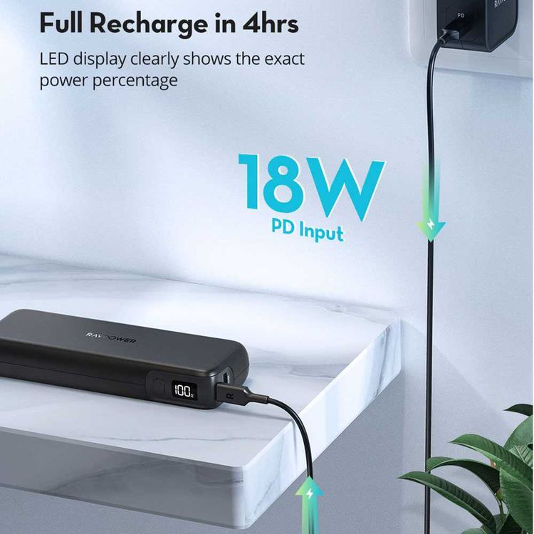 RAVPower 2-Port PD Pioneer Power Bank 15000mAh 30W w/ LED Power Percentage Display - Compact Size Design - Fast Charging Portable Charger Powerbank w/ Multiple Protection - Black