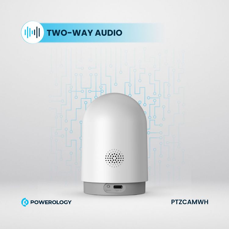 Powerology Indoor PTZ Smart Camera with Human Detection & Motion Sensor, 100° Field of Vision, 3MP Resolution, Pan & Tilt Control, Two-Way Audio - White