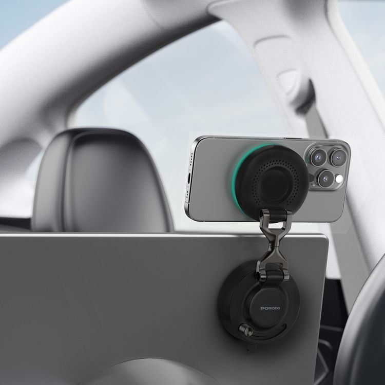 Porodo Magsync 360° MagSafe Phone Holder with Lighting Mode, 25W Fast Wireless Charging, Strong Magnetic Hold, Adhesive Base Grip, 1.6 kg Magnetic Attraction, 0°C ~ 40°C Working Temperature, USB-C Charging Port, Zinc Alloy Material - Black