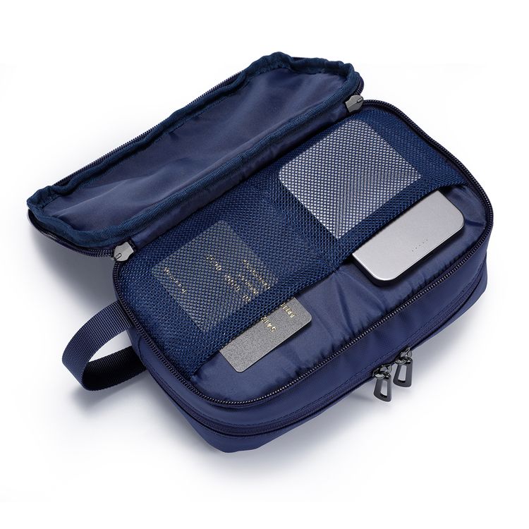 Porodo Ultralite Organizer Pouch with Dual Compartmnts, Zipper Closure, High-Quality Polyester Material, Water-Repellant Surface, Internal Mesh Pockets, Quick-Grab Handle, Compact Design - Navy Blue