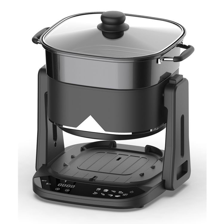 Porodo Lifestyle Quick Flip 3-in-1 Air Fryer, Grill & Hot Pot with 4.5L Capacity, 1200-1400W Rated Power, UK 3-Pin Plug, 360° Turbo Heat Technology, 100% Visible Glass Basket - Black