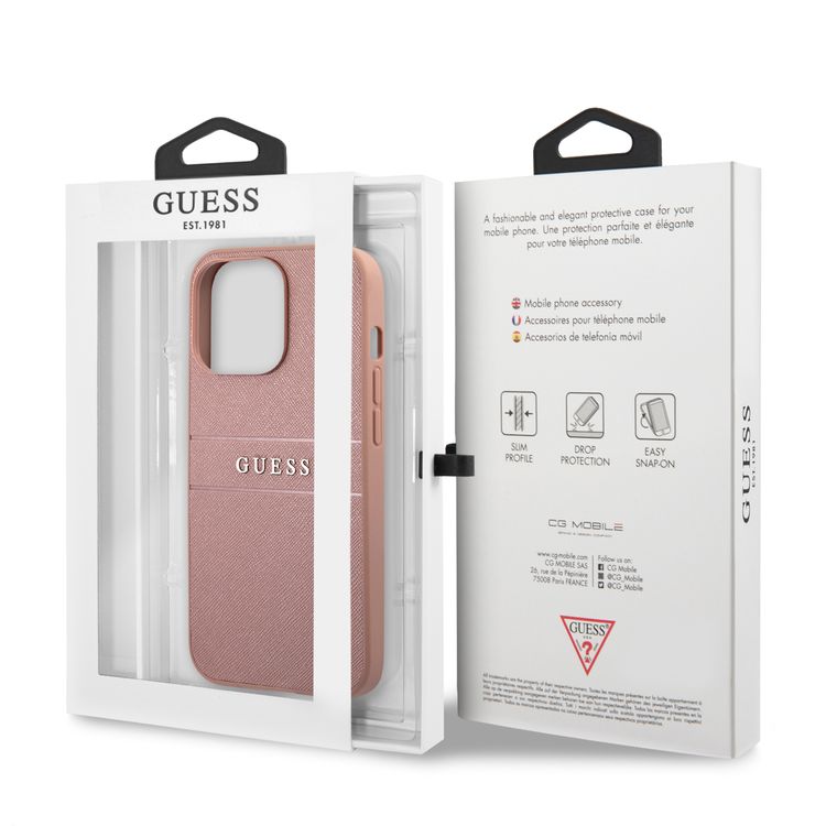 CG MOBILE Guess PU Leather Case Saffiano with Metal Logo Hot Stamp Stripes Compatible for iPhone 13 Pro (6.1") Anti-Scratch, Easy Access to All Ports