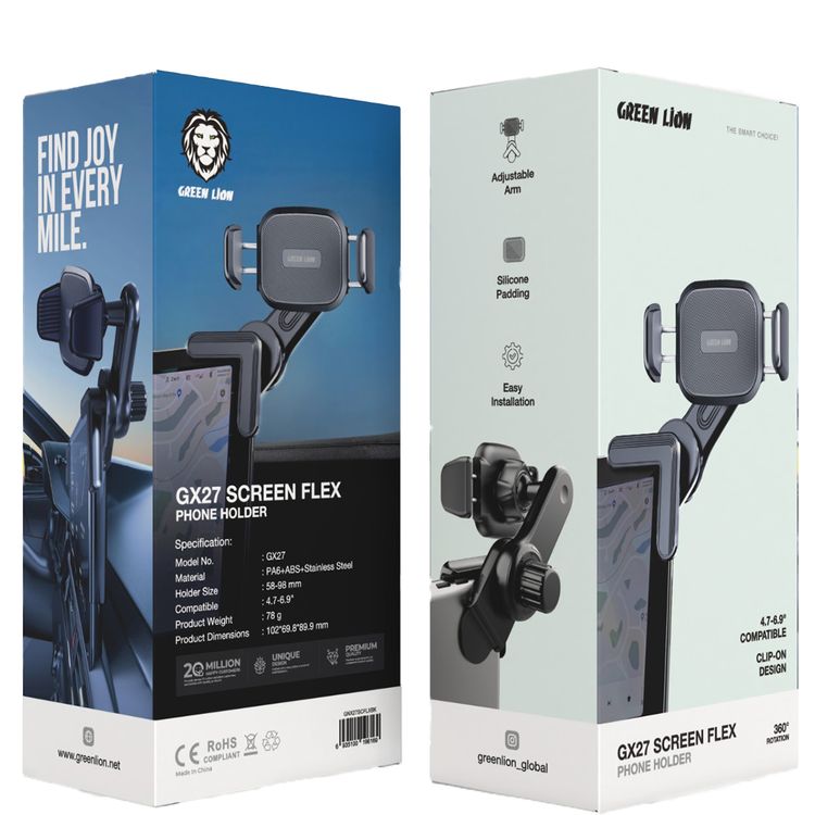Green Lion GX27 Screen Flex Phone Holder with Adjustable Arm, 360° Rotation, Easy Installation, Silicone Padding, Clip-on Design - Black 