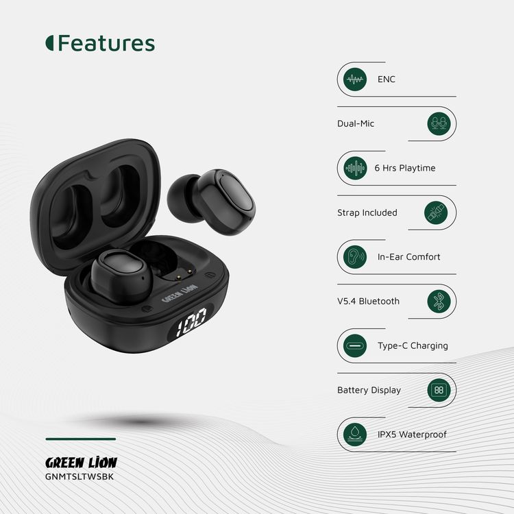 Green Lion Mittersill True Wireless Earbuds with ENC, Up to 6 Hours Playtime, IPX5 Waterproof Resistance Level, Bluetooth Version 5.4, Up to 10m Transmission Range, Type-C Charging Port, Dual-Microphone, Strap Included - Black