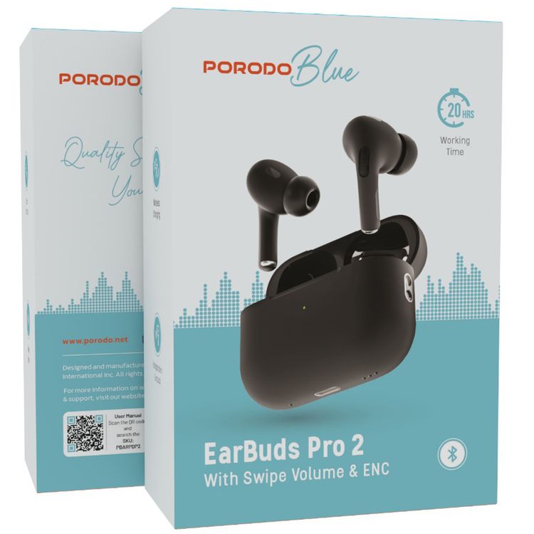 Porodo Blue Earbuds Pro 2 With Swipe Volume, 20 Hours Working Time, Wireless Charging, Deep Bass, Independent Earbuds, Touch Control - Black