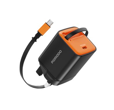 Porodo Tezpatro 30W GaN Charger with USB-C Retractable Cable, 0.8A Rated Current, 30W Power Delivery, 80cm Cable Length, Flame-Retardant Housing, Fast Charge Support - Black / Orange