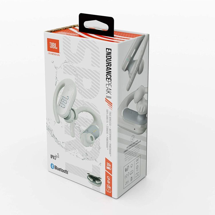 JBL Endurance Peak 2 Waterproof True Wireless In-Ear Sport Headphones, Pure Bass Sound, Bluetooth Headphones 30hours Battery, IPX7 Water & Sweat Proof - White