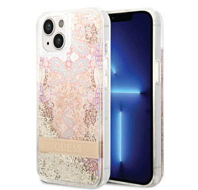 Guess Liquid Glitter Case with Flower Pattern Extra Shine Smooth Touch Feel iPhone 14 Compatibility - Gold
