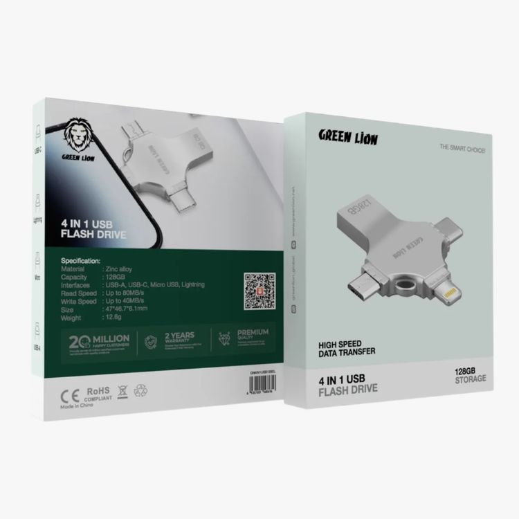 Green Lion 4-in-1 USB Flash Drive 128GB with High Speed Data Transfer, USB-A, USB-C, Micro USB & Lightning Connectors - Silver
